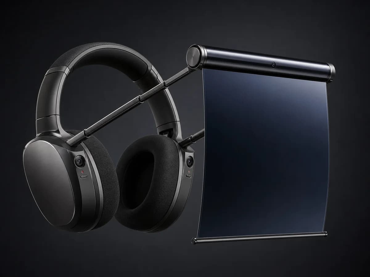 HaloRoll Cinema AI camera headphones with deployed rollable display